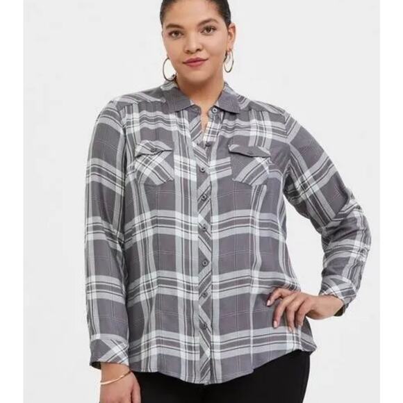 TORRID Challis Button Down Long Sleeve Shirt Plus Size 4X Grey White Light Aqua - Picture 1 of 10